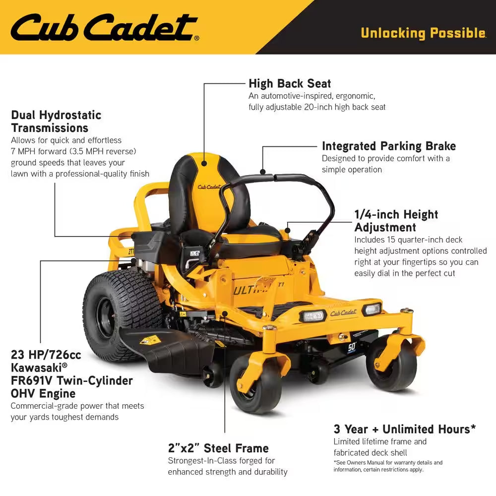 Ultima ZT1 50 In. Fabricated Deck 23HP V-Twin Kawasaki FR Series Engine Dual Hydro Drive Gas Zero Turn Riding Lawn Mower